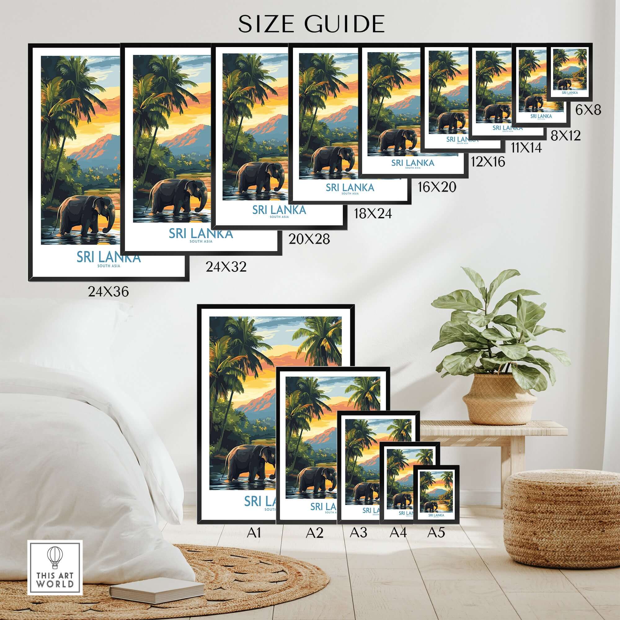 Sri Lanka Travel Art Print - Elephant Swimming Wall Art, Tropical Adventure Scene size guide with various frame dimensions.