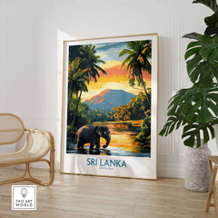 Sri Lanka Travel Art Print - Elephant Swimming Wall Art, Tropical Adventure Scene