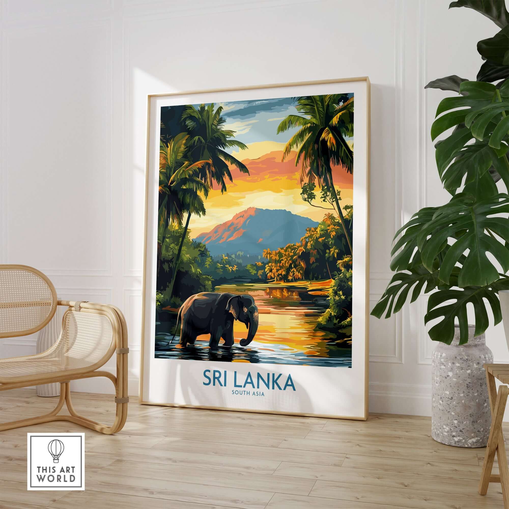 Sri Lanka Travel Art Print - Elephant Swimming Wall Art, Tropical Adventure Scene