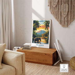 Sri Lanka Travel Art Print - Elephant Swimming Wall Art, Tropical Adventure Scene