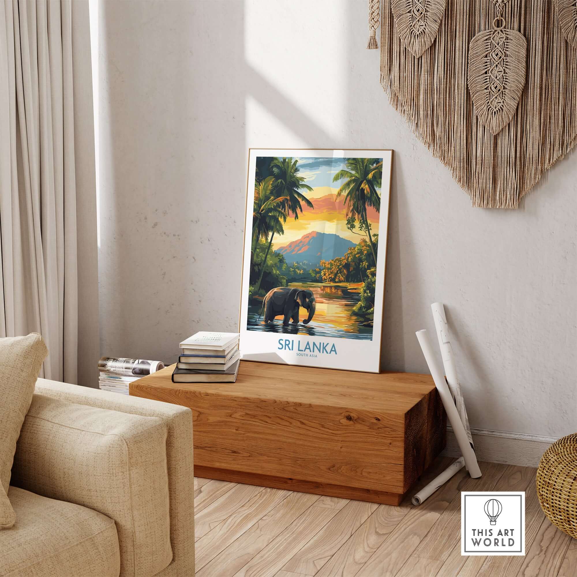 Sri Lanka Travel Art Print - Elephant Swimming Wall Art, Tropical Adventure Scene