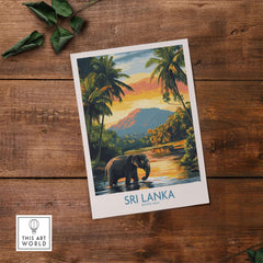 Sri Lanka Travel Art Print - Elephant Swimming Wall Art, Tropical Adventure Scene