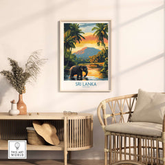 Sri Lanka Travel Art Print - Elephant Swimming Wall Art, Tropical Adventure Scene in a stylish living room.