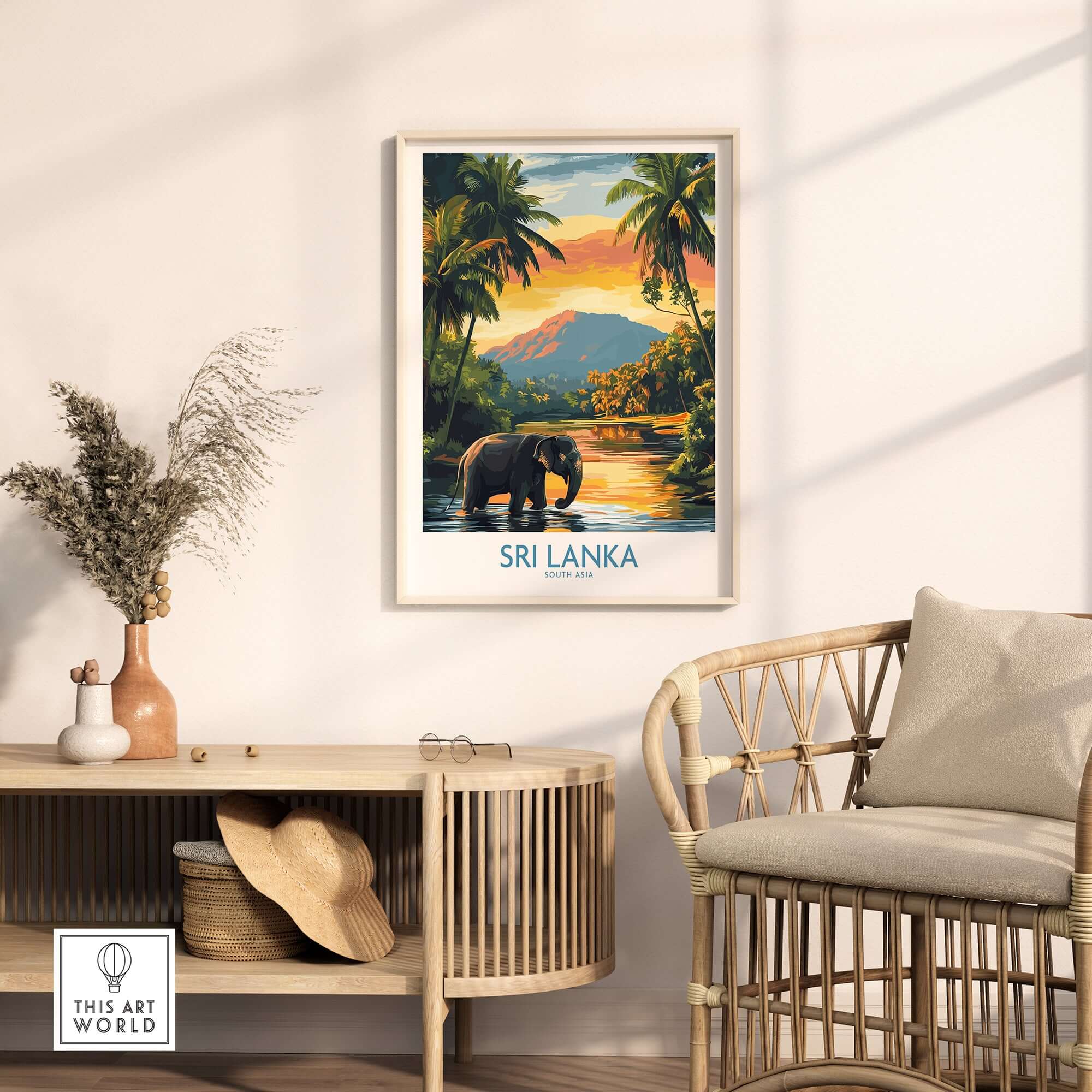 Sri Lanka Travel Art Print - Elephant Swimming Wall Art, Tropical Adventure Scene in a stylish living room.