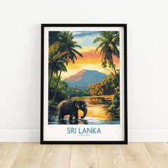 Sri Lanka Travel Art Print - Elephant Swimming Wall Art, Tropical Adventure Scene.