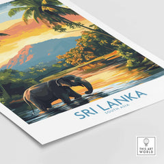 Sri Lanka Travel Art Print - Elephant Swimming Wall Art, Tropical Adventure Scene featuring an elephant in serene waters.