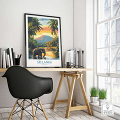 Sri Lanka Travel Art Print - Elephant Swimming Wall Art, Tropical Adventure Scene in a modern workspace.