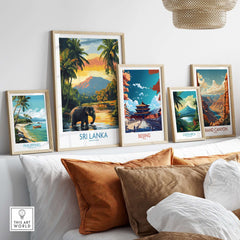 Sri Lanka Travel Art Print - Elephant Swimming Wall Art, Tropical Adventure Scene displayed in a stylish gallery wall arrangement.