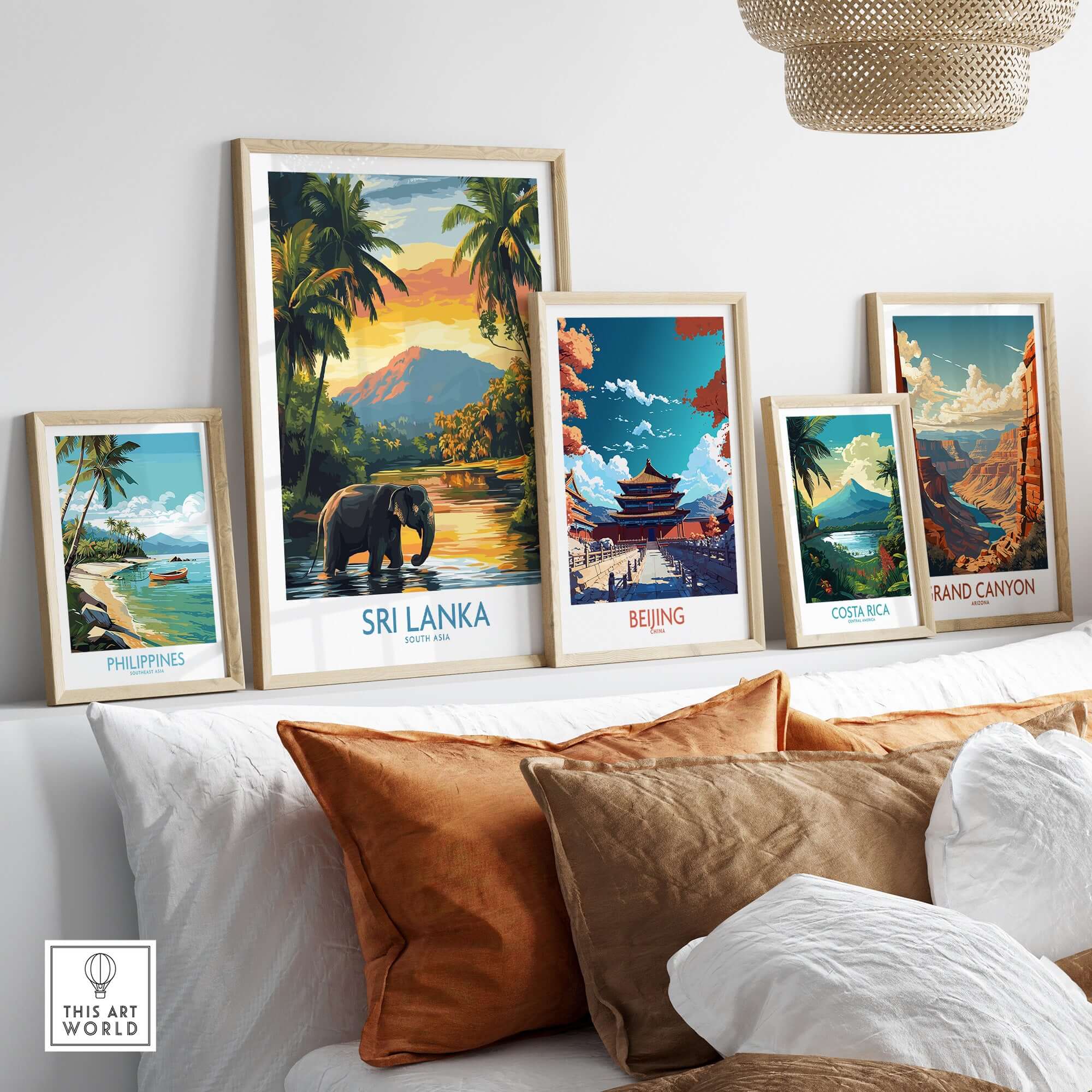 Sri Lanka Travel Art Print - Elephant Swimming Wall Art, Tropical Adventure Scene displayed in a stylish gallery wall arrangement.