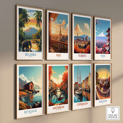 Sri Lanka Travel Art Print - Elephant Swimming Wall Art, Tropical Adventure Scene displayed among other city art prints.