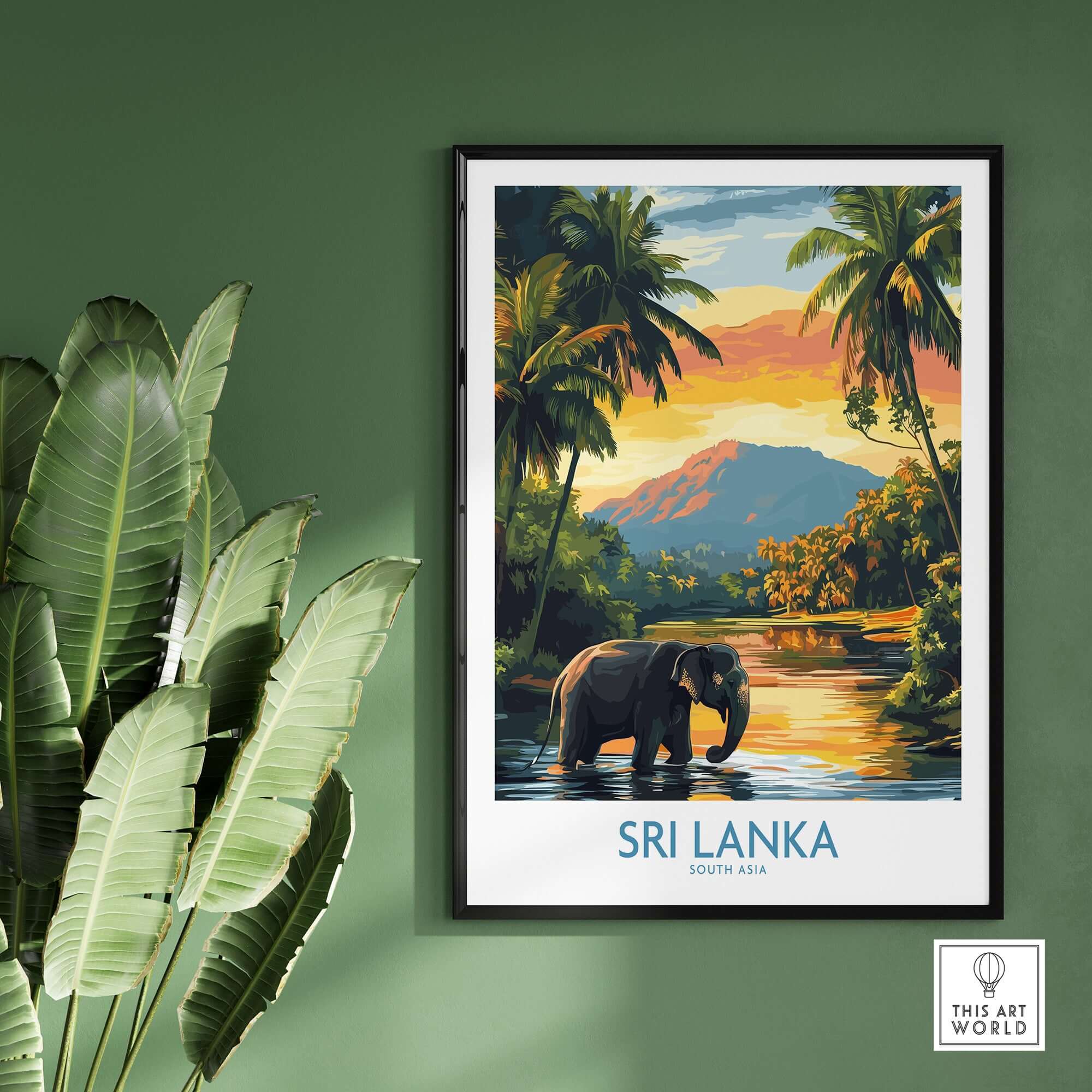 Sri Lanka Travel Art Print - Elephant Swimming Wall Art, Tropical Adventure Scene
