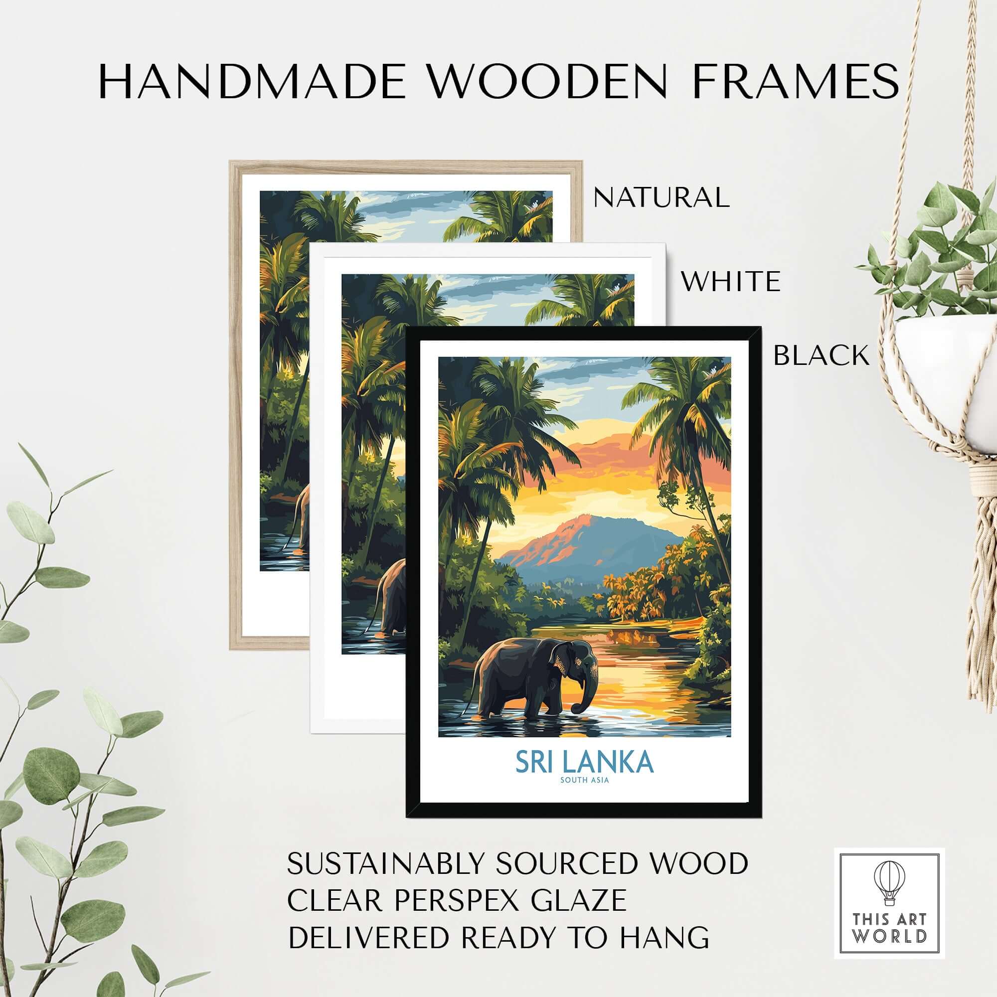 Sri Lanka Travel Art Print - Elephant Swimming Wall Art, Tropical Adventure Scene in handmade wooden frames.