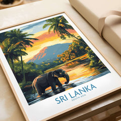 Sri Lanka Travel Art Print - Elephant Swimming Wall Art, Tropical Adventure Scene