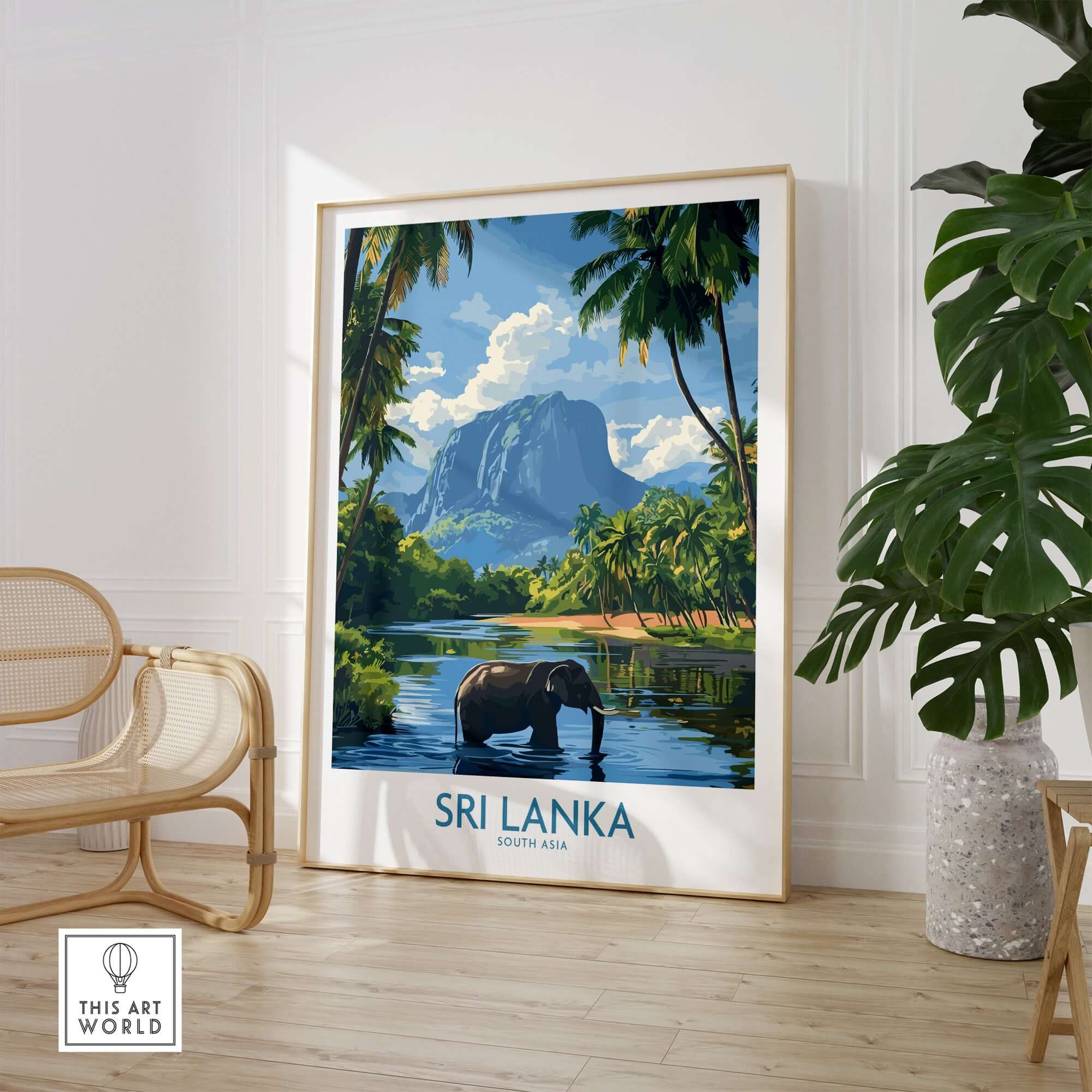 Sri Lanka Tropical Scene Wall Art - Elephant Print, Island Paradise Decor featuring a serene landscape and elephant.