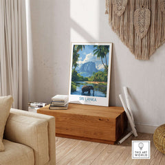 Sri Lanka Tropical Scene Wall Art - Elephant Print, Island Paradise Decor displayed in a cozy living room setting.