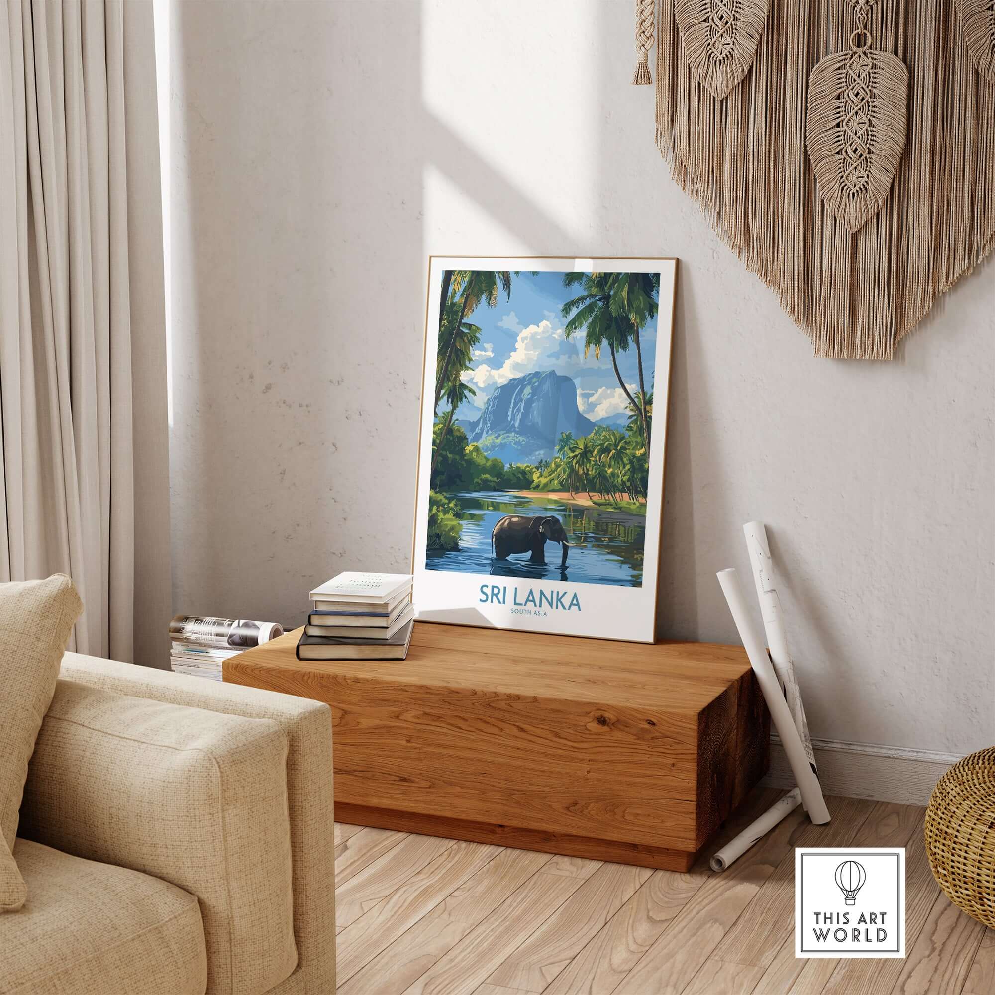 Sri Lanka Tropical Scene Wall Art - Elephant Print, Island Paradise Decor displayed in a cozy living room setting.