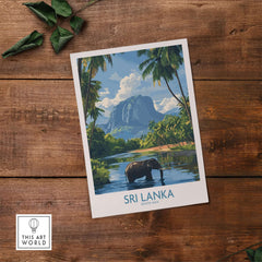 Sri Lanka Tropical Scene Wall Art - Elephant Print, Island Paradise Decor showcasing an elephant by a serene lake.