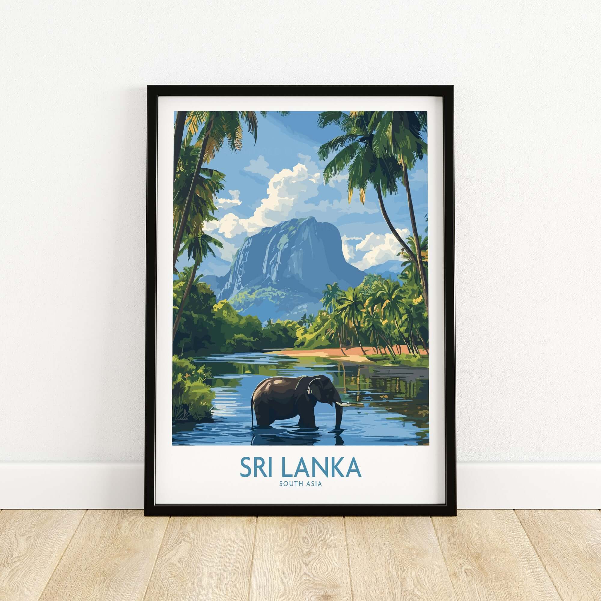 Sri Lanka Tropical Scene Wall Art - Elephant Print, Island Paradise Decor featuring elephant by river and mountains.