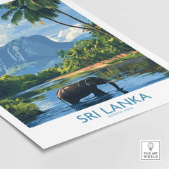 Sri Lanka Tropical Scene Wall Art - Elephant Print, Island Paradise Decor showcasing an elephant by a serene lake.