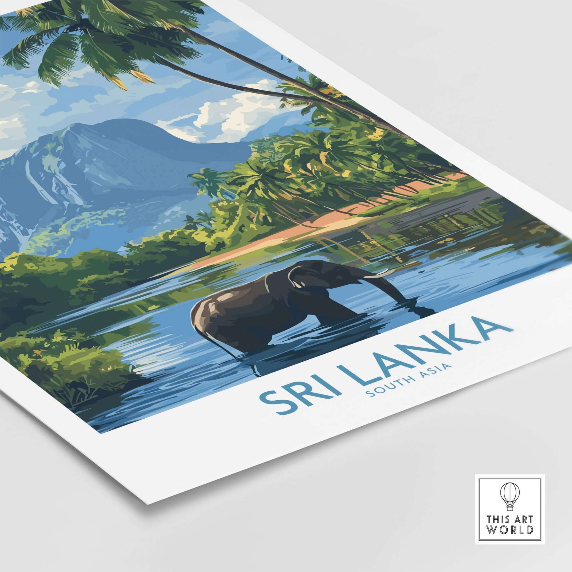Sri Lanka Tropical Scene Wall Art - Elephant Print, Island Paradise Decor showcasing an elephant by a serene lake.