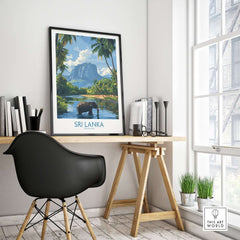 Sri Lanka Tropical Scene Wall Art - Elephant Print, Island Paradise Decor displayed in a stylish home office setting.