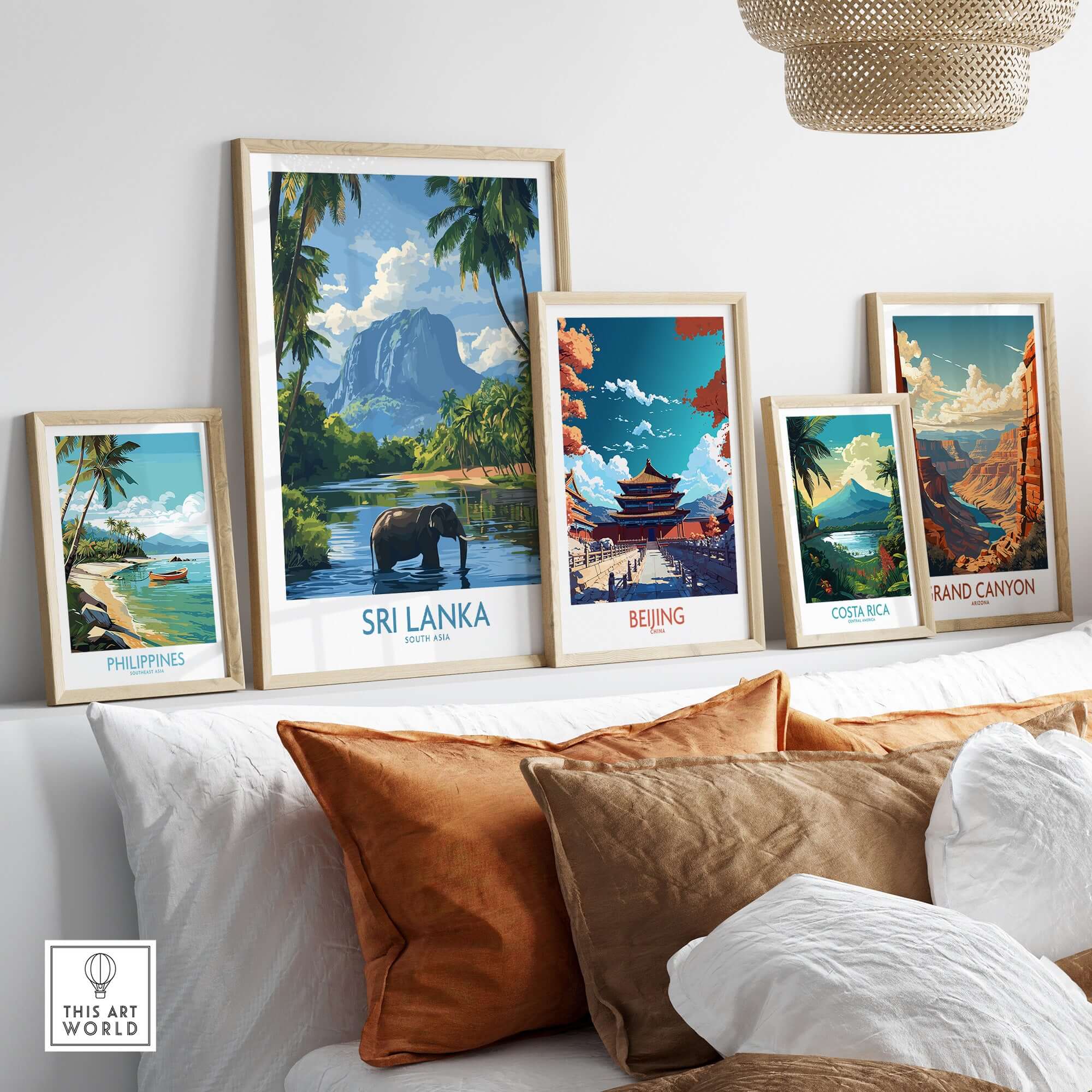 Sri Lanka Tropical Scene Wall Art - Elephant Print, Island Paradise Decor framed alongside other travel art.