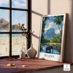 Sri Lanka Tropical Scene Wall Art - Elephant Print, Island Paradise Decor displayed in a sunny interior.