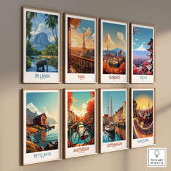 Sri Lanka Tropical Scene Wall Art - Elephant Print, Island Paradise Decor collection of city-themed prints on a wall.