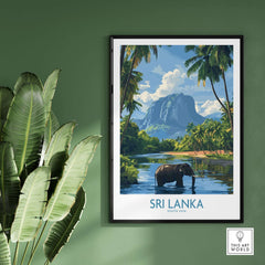 Sri Lanka Tropical Scene Wall Art - Elephant Print, Island Paradise Decor featuring tropical landscape and elephant.