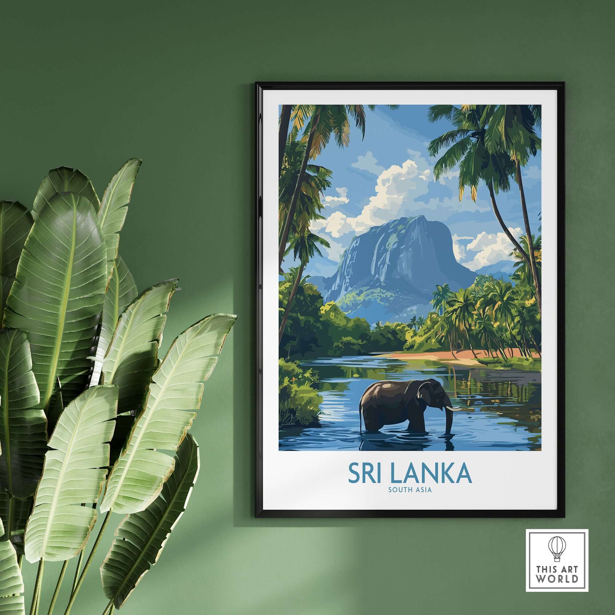 Sri Lanka Tropical Scene Wall Art - Elephant Print, Island Paradise Decor featuring tropical landscape and elephant.
