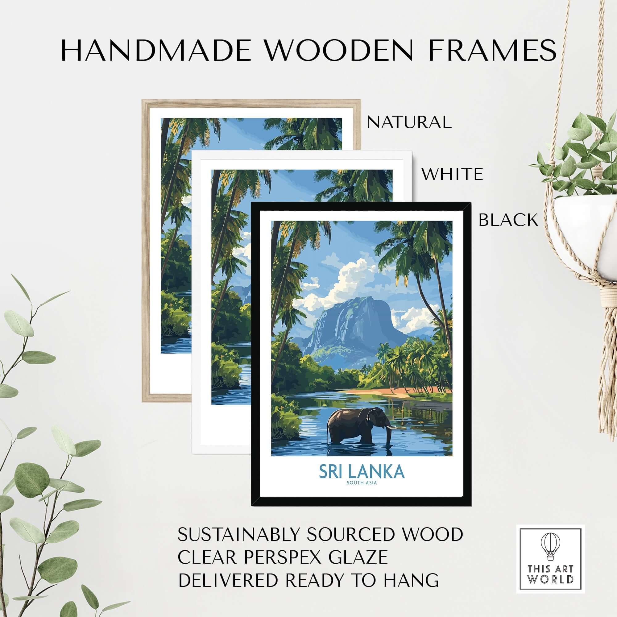 Handmade wooden frames for Sri Lanka Tropical Scene Wall Art - Elephant Print, Island Paradise Decor in natural, white, and black.