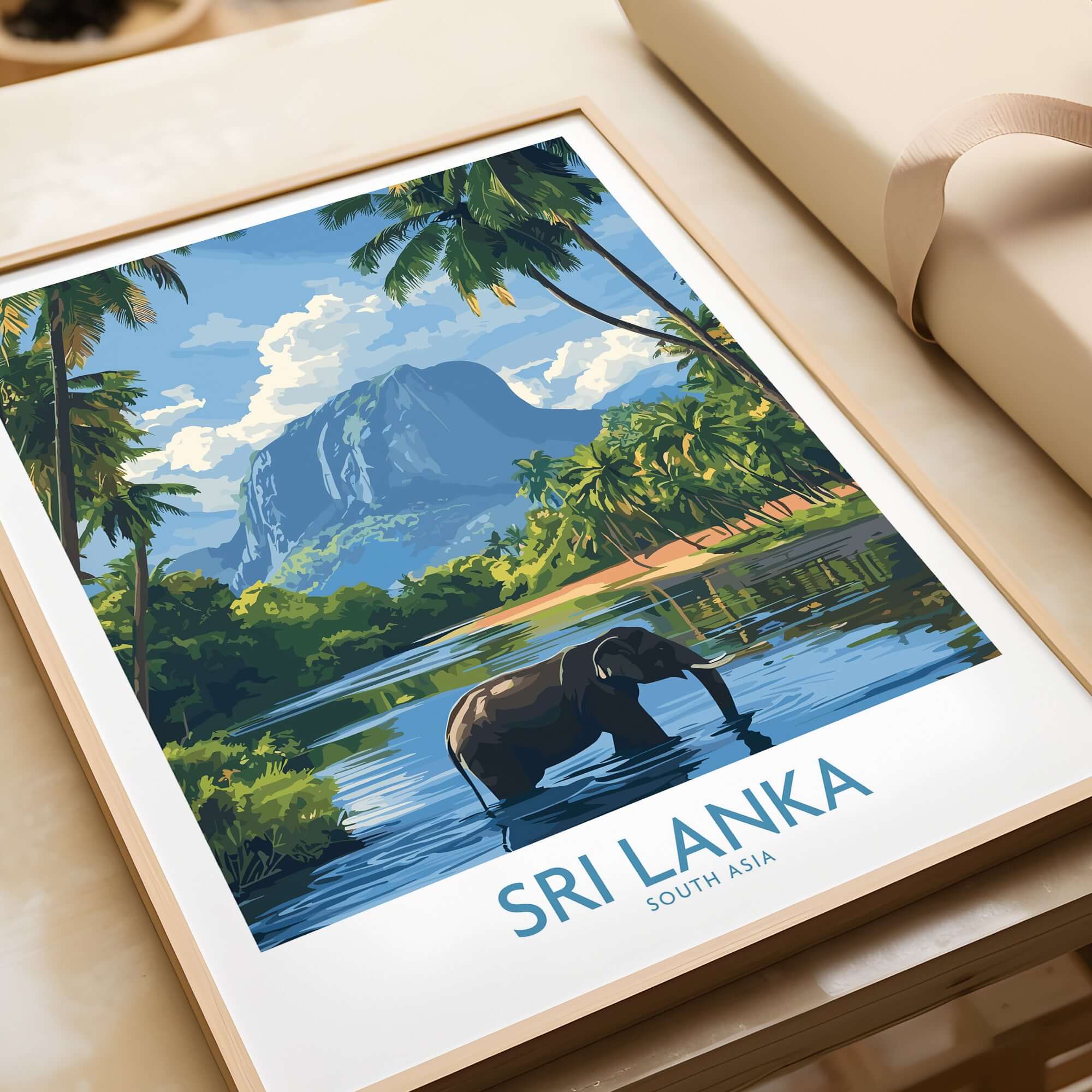 Sri Lanka Tropical Scene Wall Art - Elephant Print, Island Paradise Decor featuring an elephant by the water.
