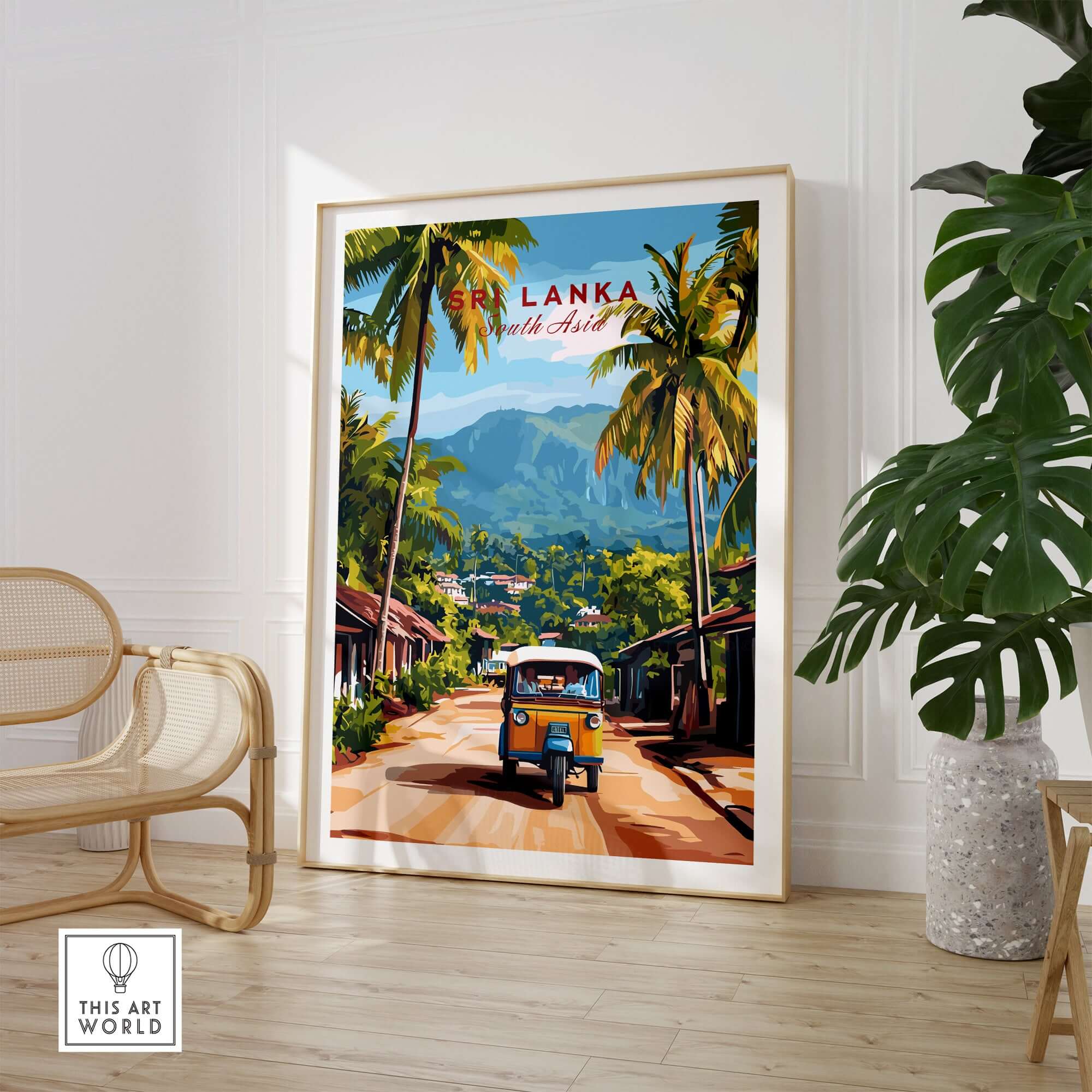 Sri Lanka Tuk-Tuk Art Print - South Asia Travel Poster, Island Street Scene in a vibrant tropical setting.