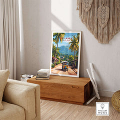 Sri Lanka Tuk-Tuk Art Print - South Asia Travel Poster, Island Street Scene displayed in a cozy interior.