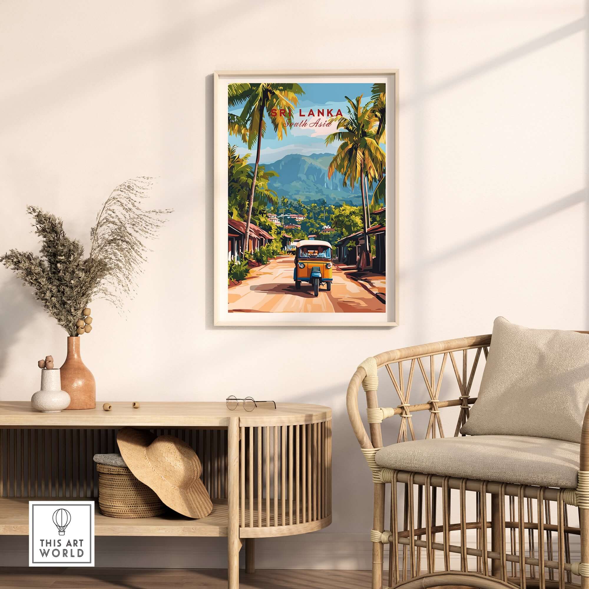Sri Lanka Tuk-Tuk Art Print - South Asia Travel Poster, Island Street Scene showcased in modern home decor.