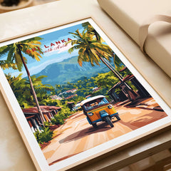 Sri Lanka Tuk-Tuk Art Print - South Asia Travel Poster, Island Street Scene featuring a colorful tuk-tuk in a tropical setting.
