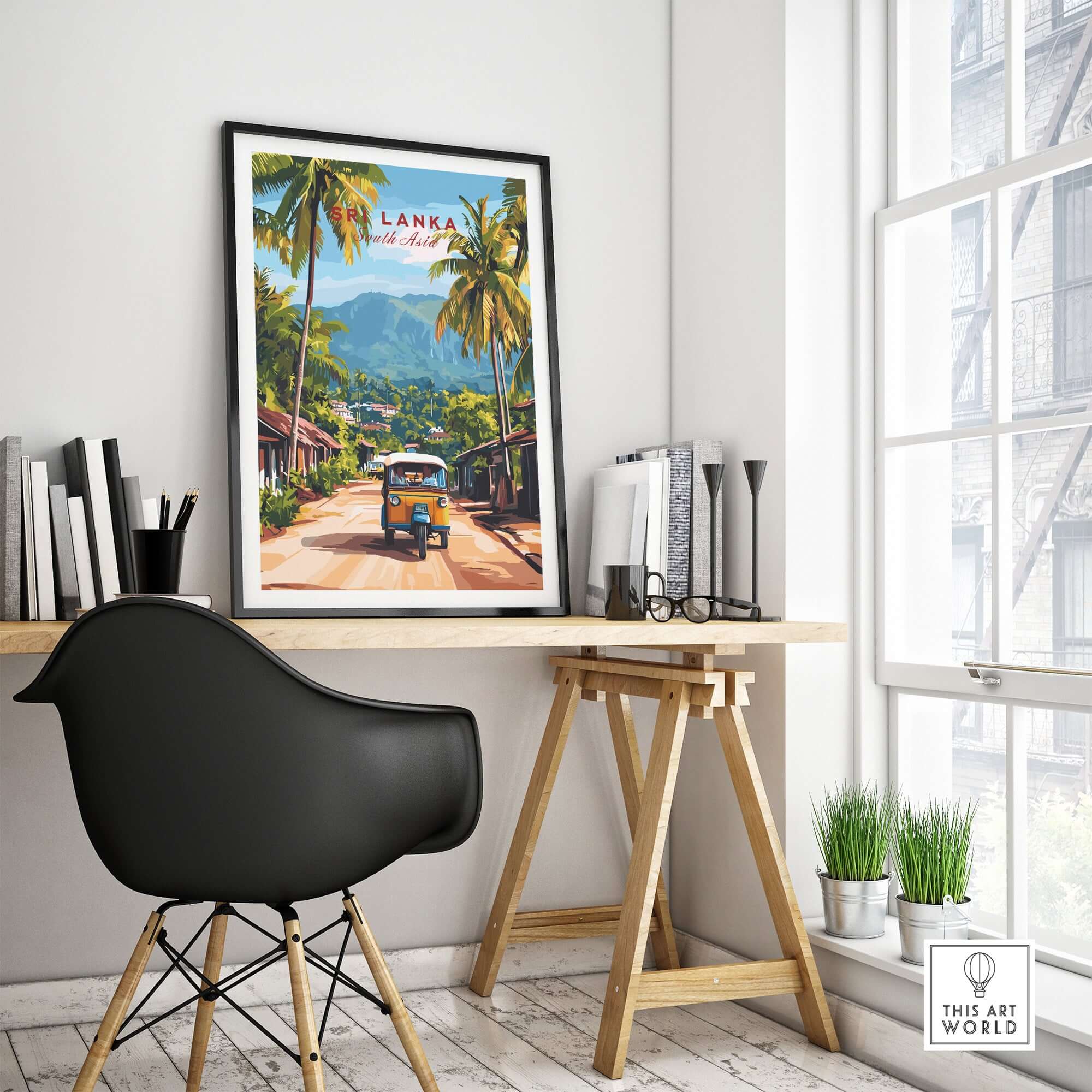Sri Lanka Tuk-Tuk Art Print - South Asia Travel Poster, Island Street Scene displayed in a stylish workspace