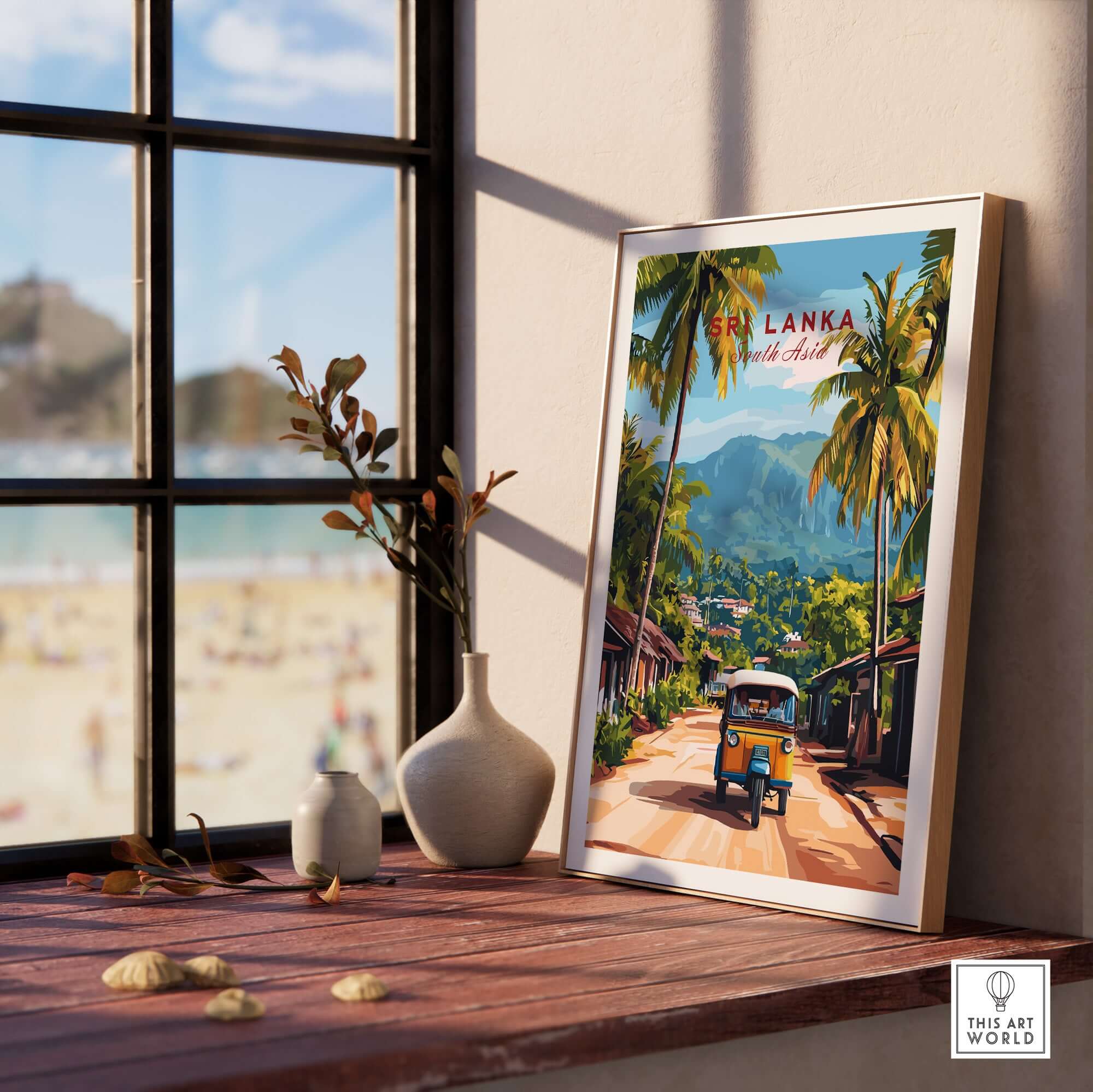 Sri Lanka Tuk-Tuk Art Print - South Asia Travel Poster, Island Street Scene displayed in a sunlit interior.