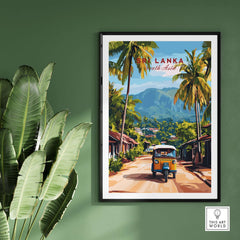 Sri Lanka Tuk-Tuk Art Print - South Asia Travel Poster, Island Street Scene displayed in a modern setting with tropical foliage.