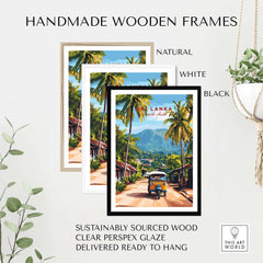 Sri Lanka Tuk-Tuk Art Print - South Asia Travel Poster, Island Street Scene in handmade wooden frames.