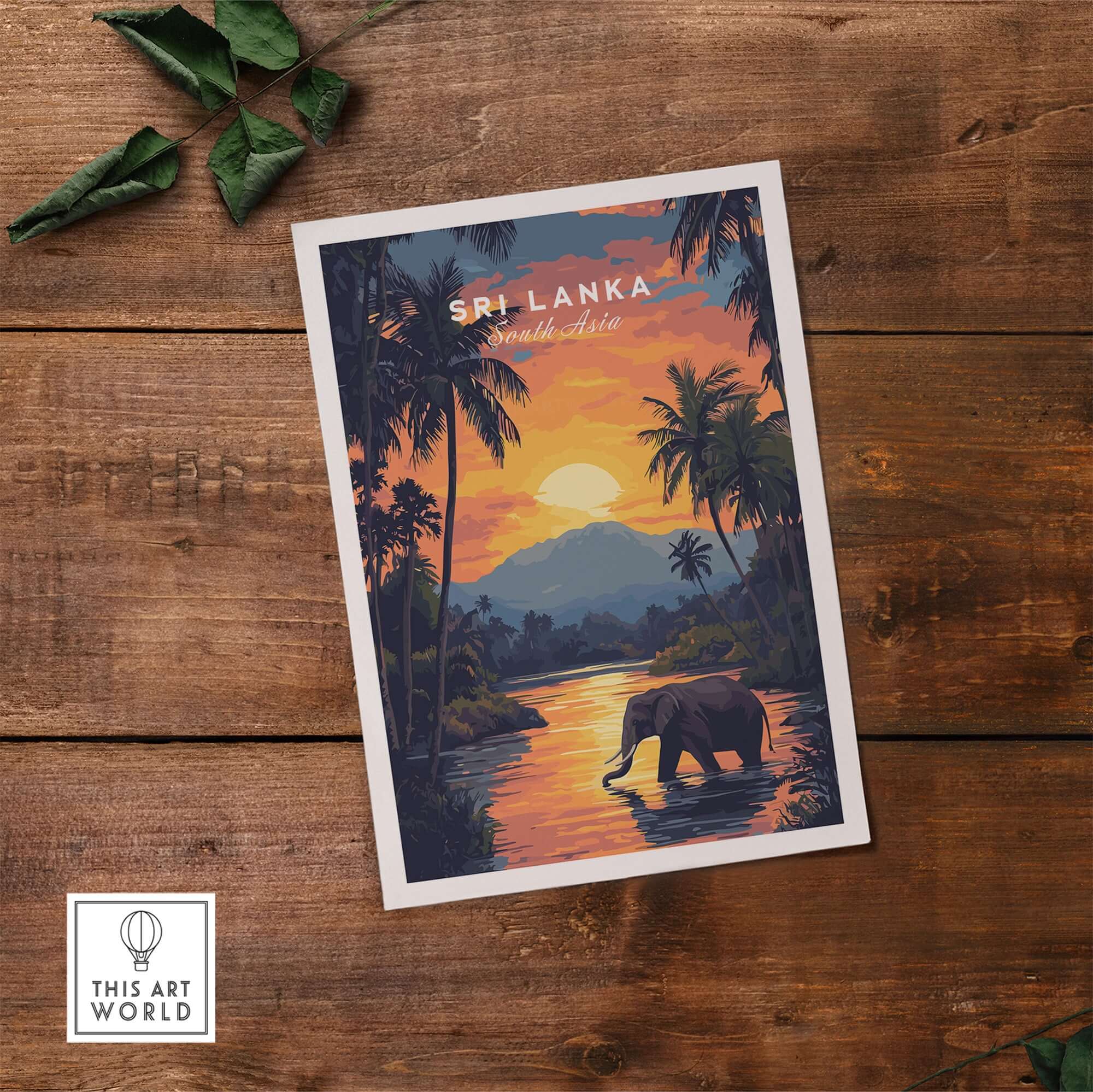 Sri Lanka Wall Art Print - Elephant and Sunset Poster, Exotic Wildlife Decor showcasing a vibrant sunset and elephant in nature.