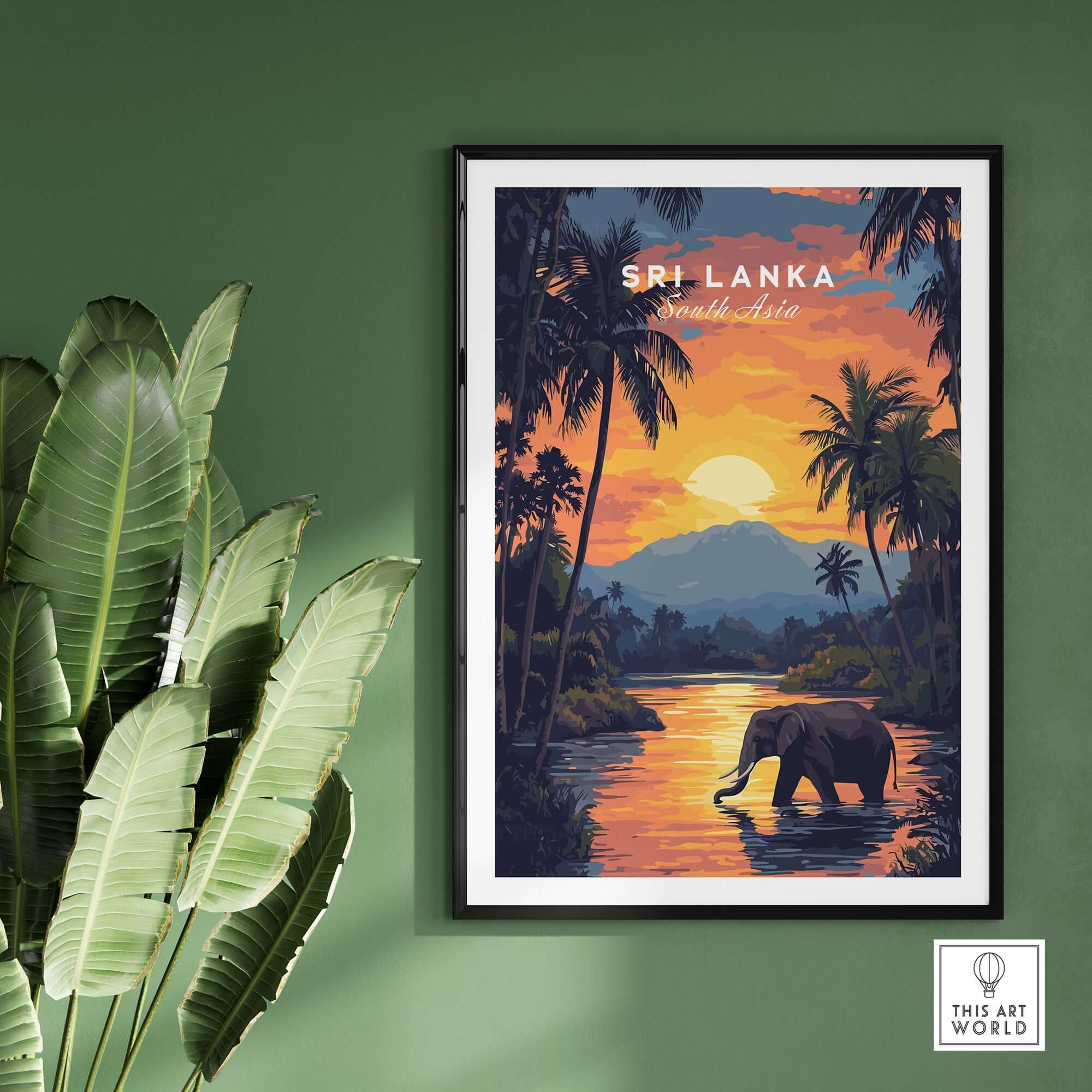Sri Lanka Wall Art Print - Elephant and Sunset Poster, Exotic Wildlife Decor featuring an elephant silhouette at sunset.