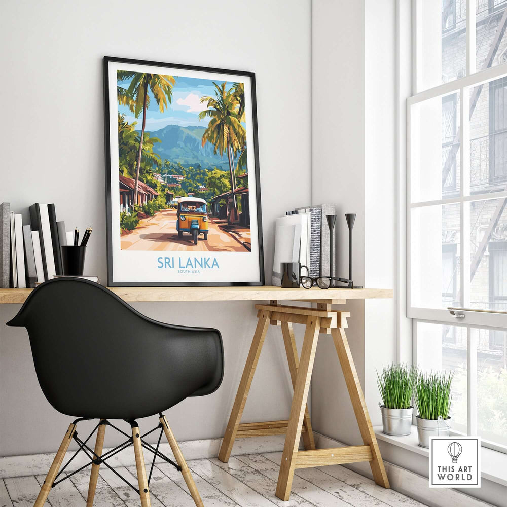 Sri Lanka Wall Art featuring a Tuk-Tuk displayed in a stylish workspace with palm trees and mountains in the background.