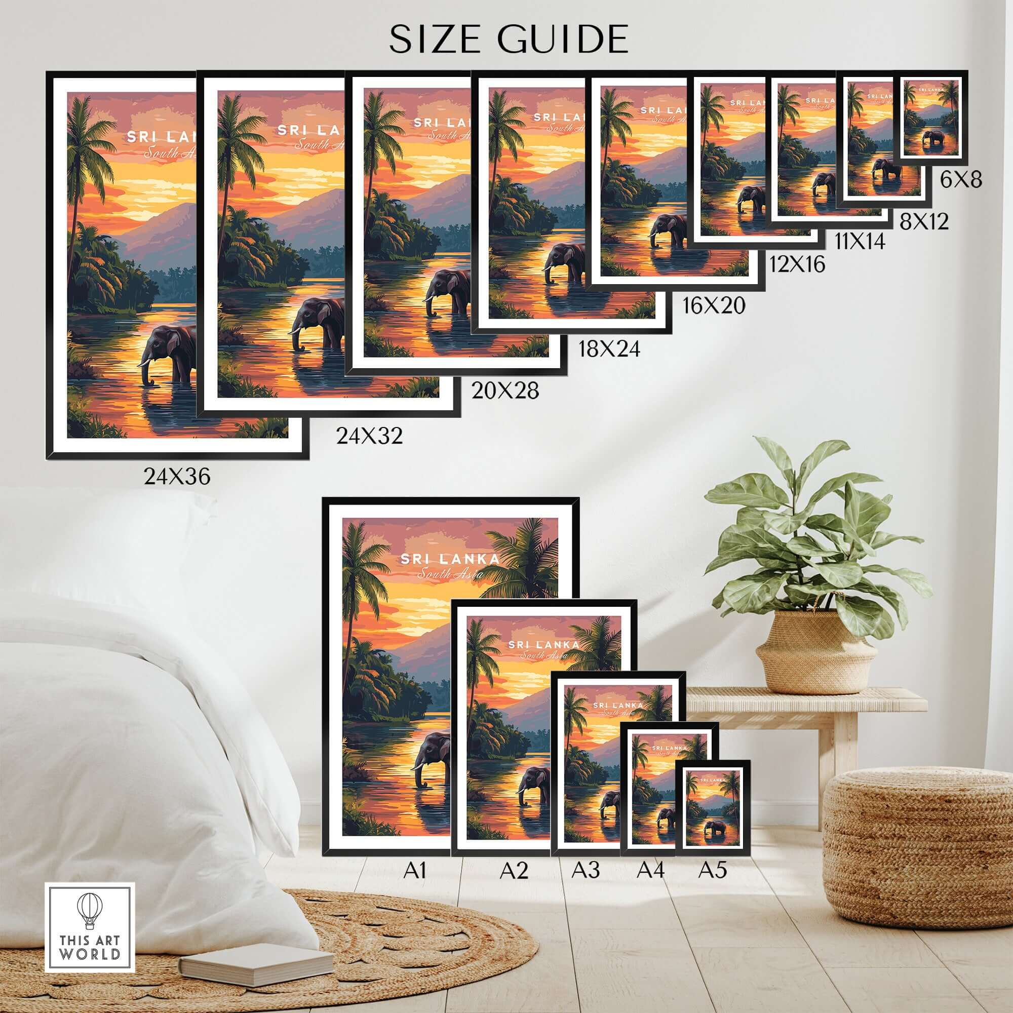 Sri Lanka Wildlife Art - Elephant Sunset Poster, South Asia Decor size guide showing various frame sizes and an indoor setting.