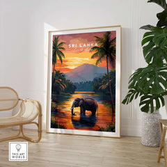 Sri Lanka Wildlife Art - Elephant Sunset Poster, South Asia Decor showcasing an elephant at sunset with vibrant colors and tropical scenery.