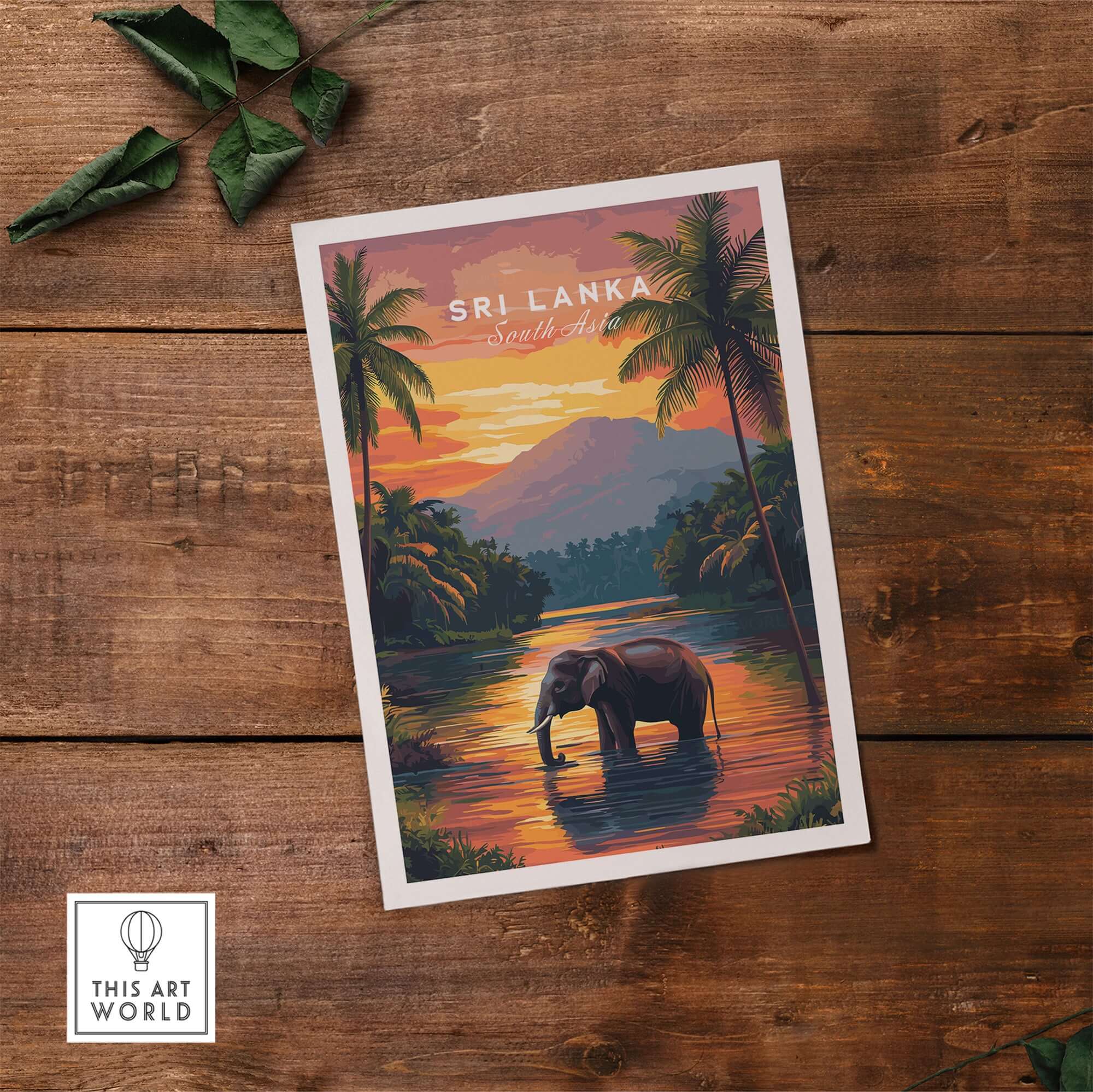 Sri Lanka Wildlife Art - Elephant Sunset Poster, South Asia Decor featuring an elephant in a sunset scene.
