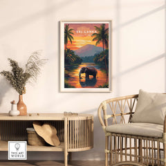 Sri Lanka Wildlife Art - Elephant Sunset Poster, South Asia Decor in a stylish living room setting