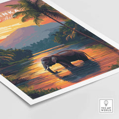 Sri Lanka Wildlife Art - Elephant Sunset Poster, South Asia Decor showcasing a serene elephant at sunset.