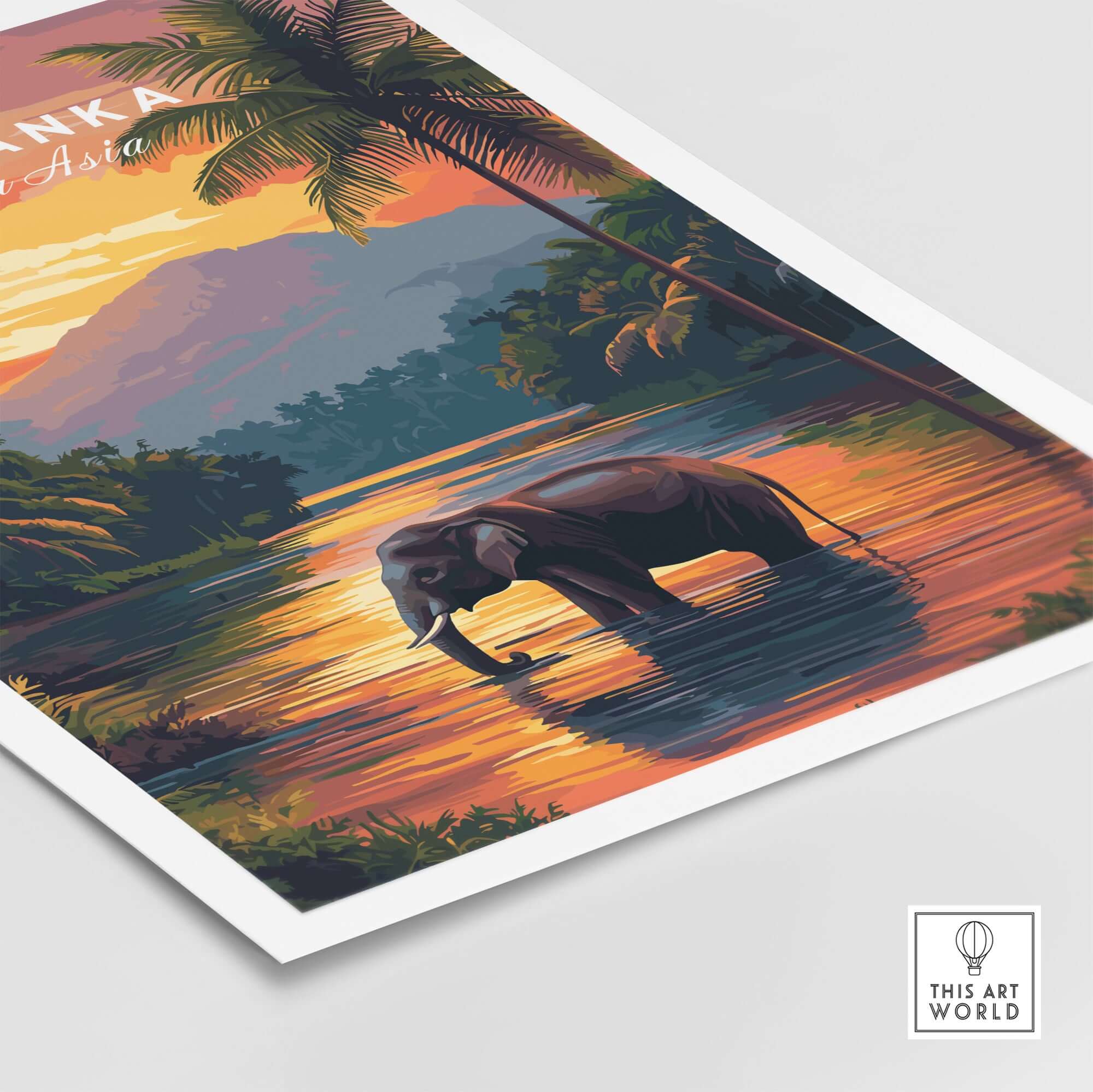 Sri Lanka Wildlife Art - Elephant Sunset Poster, South Asia Decor showcasing a serene elephant at sunset.
