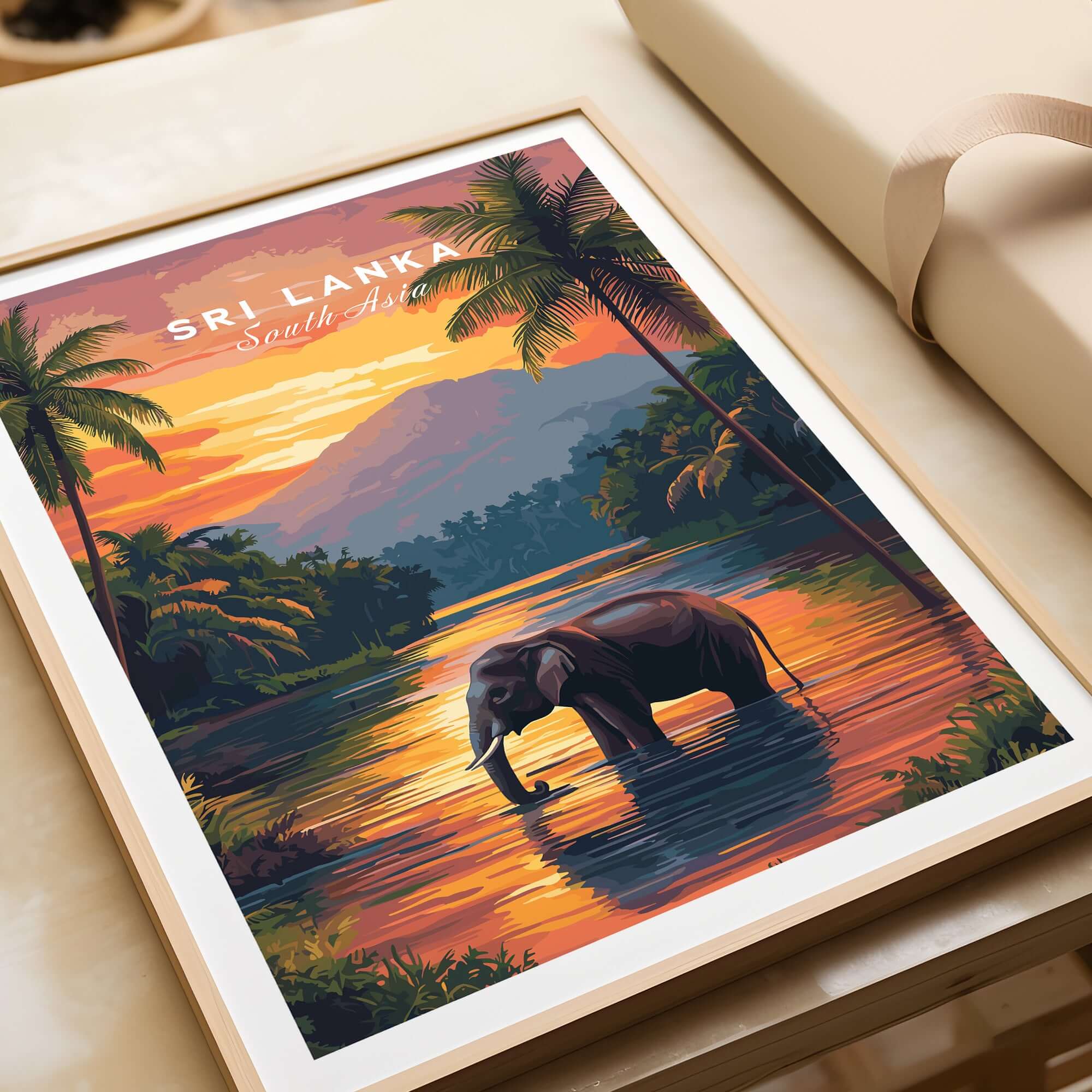 Sri Lanka Wildlife Art - Elephant Sunset Poster, South Asia Decor featuring an elephant at sunset with vibrant colors.